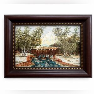 Framed Art painting covered bridge landscape print small